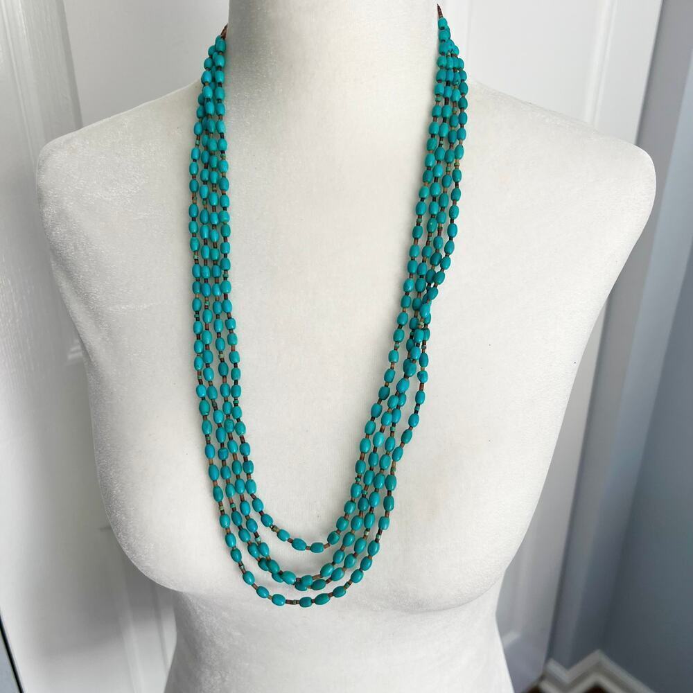 Native American Style Multilayer Turquosie Rice Bead Cone Tip Clasp Necklace